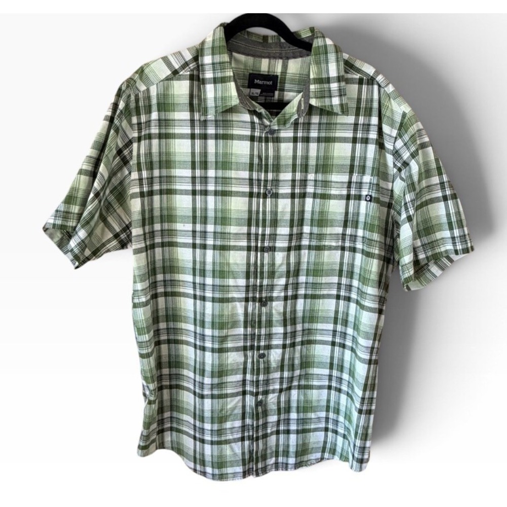 Marmot Green Plaid Short Sleeve Outdoor Hiking Shirt Mens XL